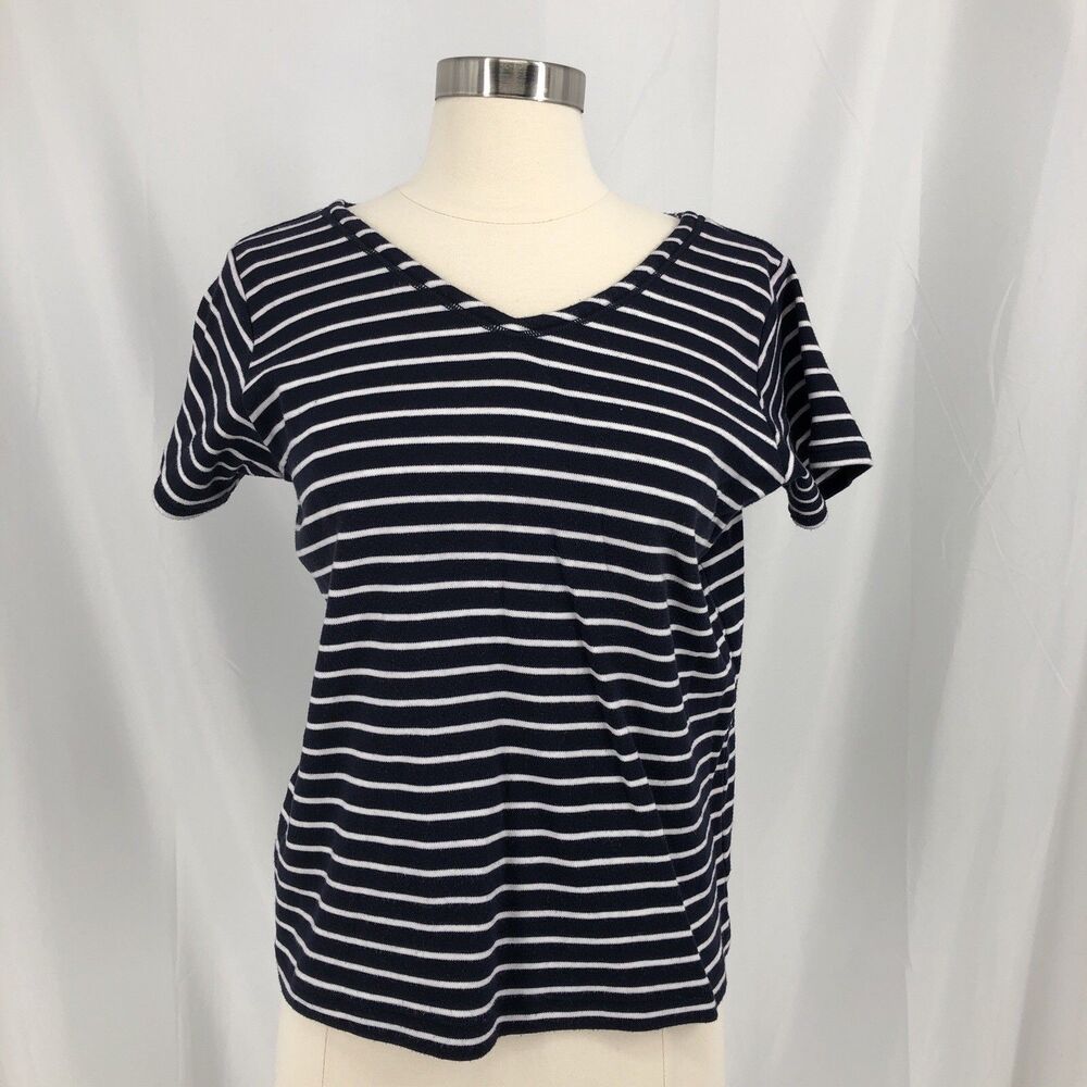 Jones New York Shirt Women Size M Navy Short Sleeve V-Neck Tee Striped